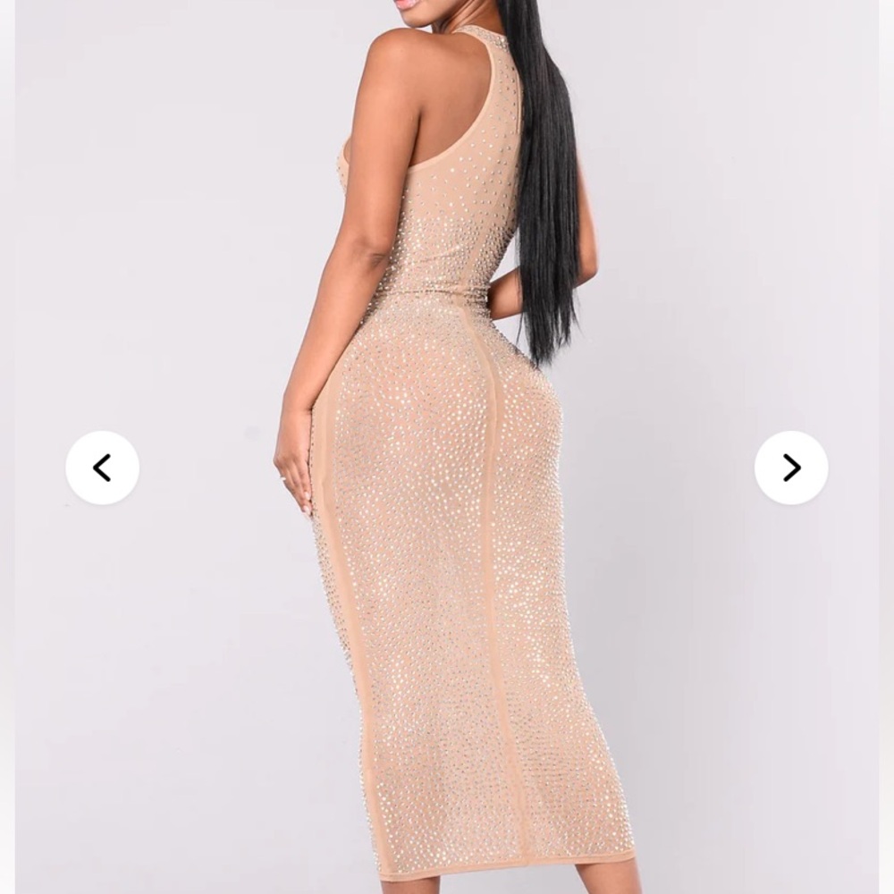 Glo Up Rhinestone Dress - Nude Elegant Beige Sleeveless Dress